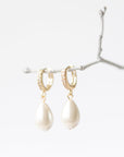 Gold Drop Pearl Crystal Huggie Hoop Earrings