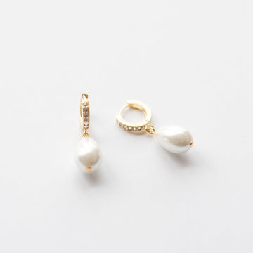 Gold Drop Pearl Crystal Huggie Hoop Earrings
