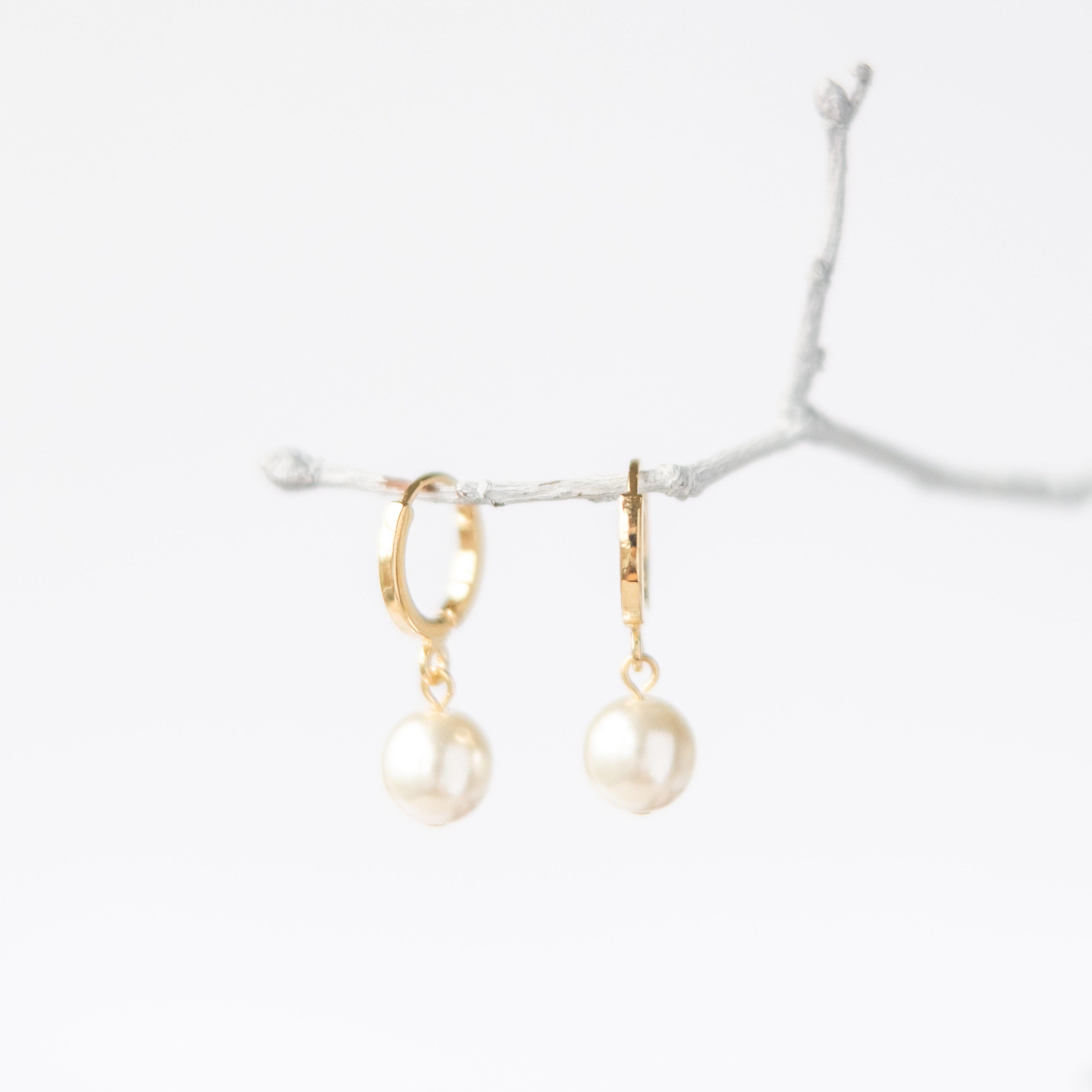 Gold Pearl Huggie Hoop Earrings