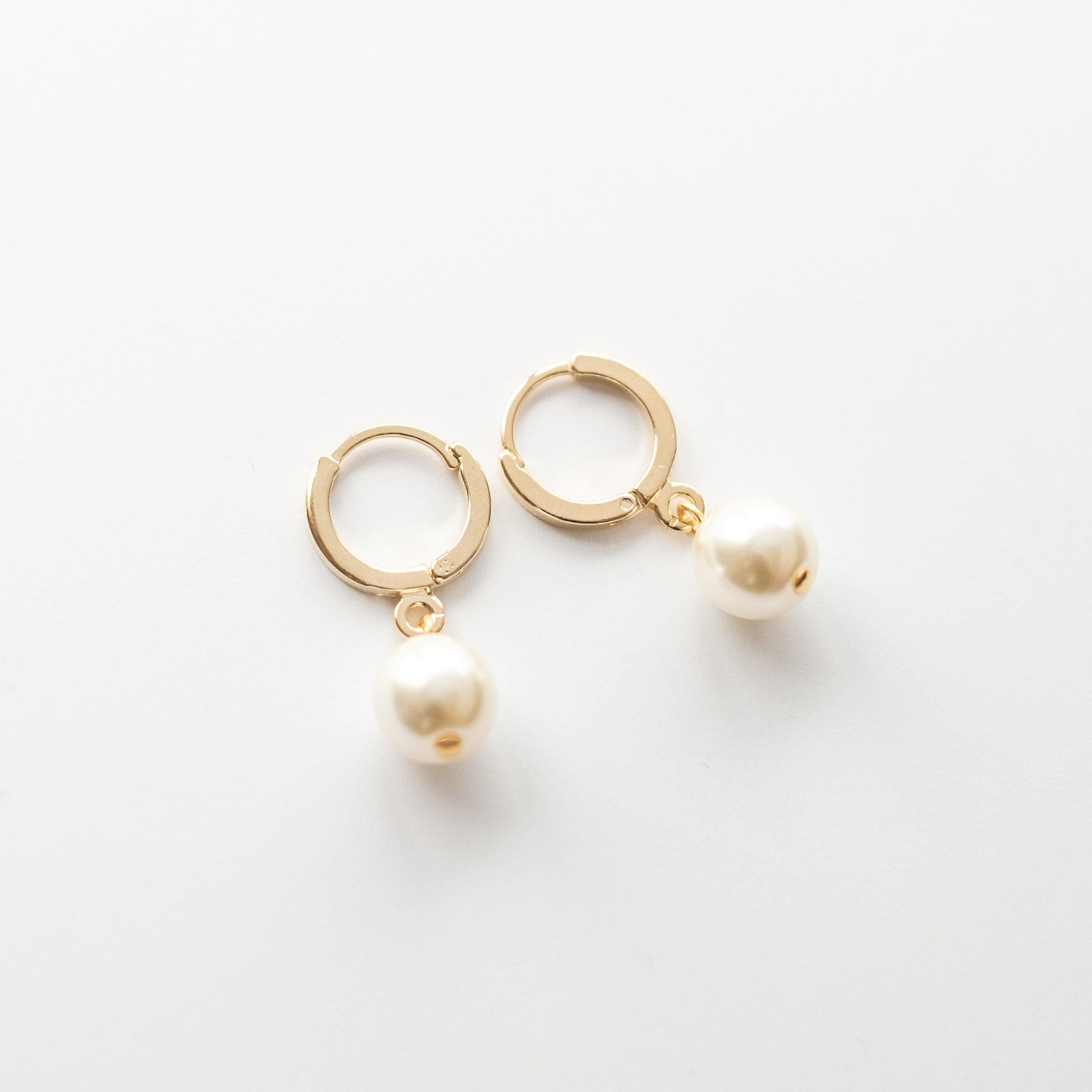 Gold Pearl Huggie Hoop Earrings