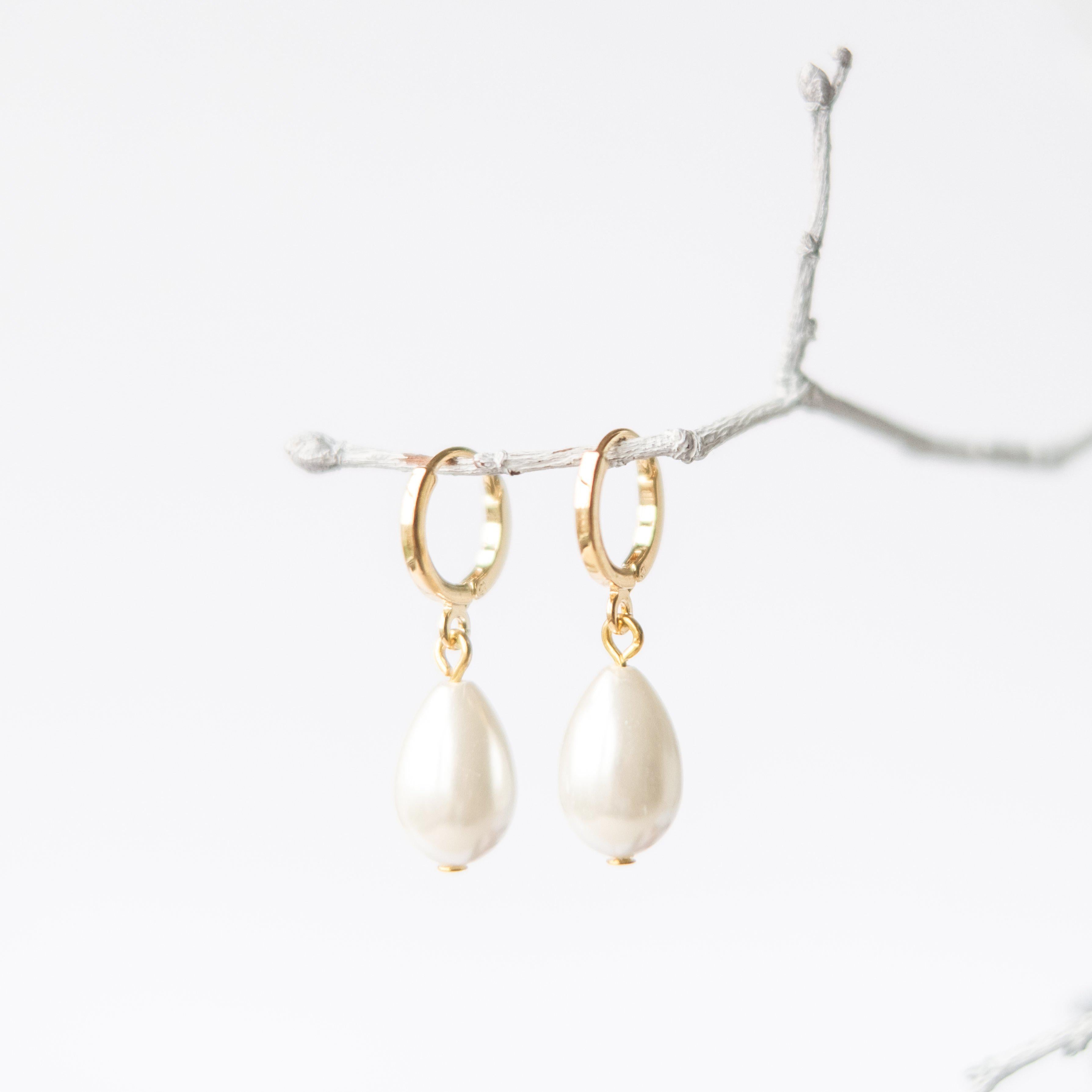 Gold Pearl Huggie Hoop Earrings