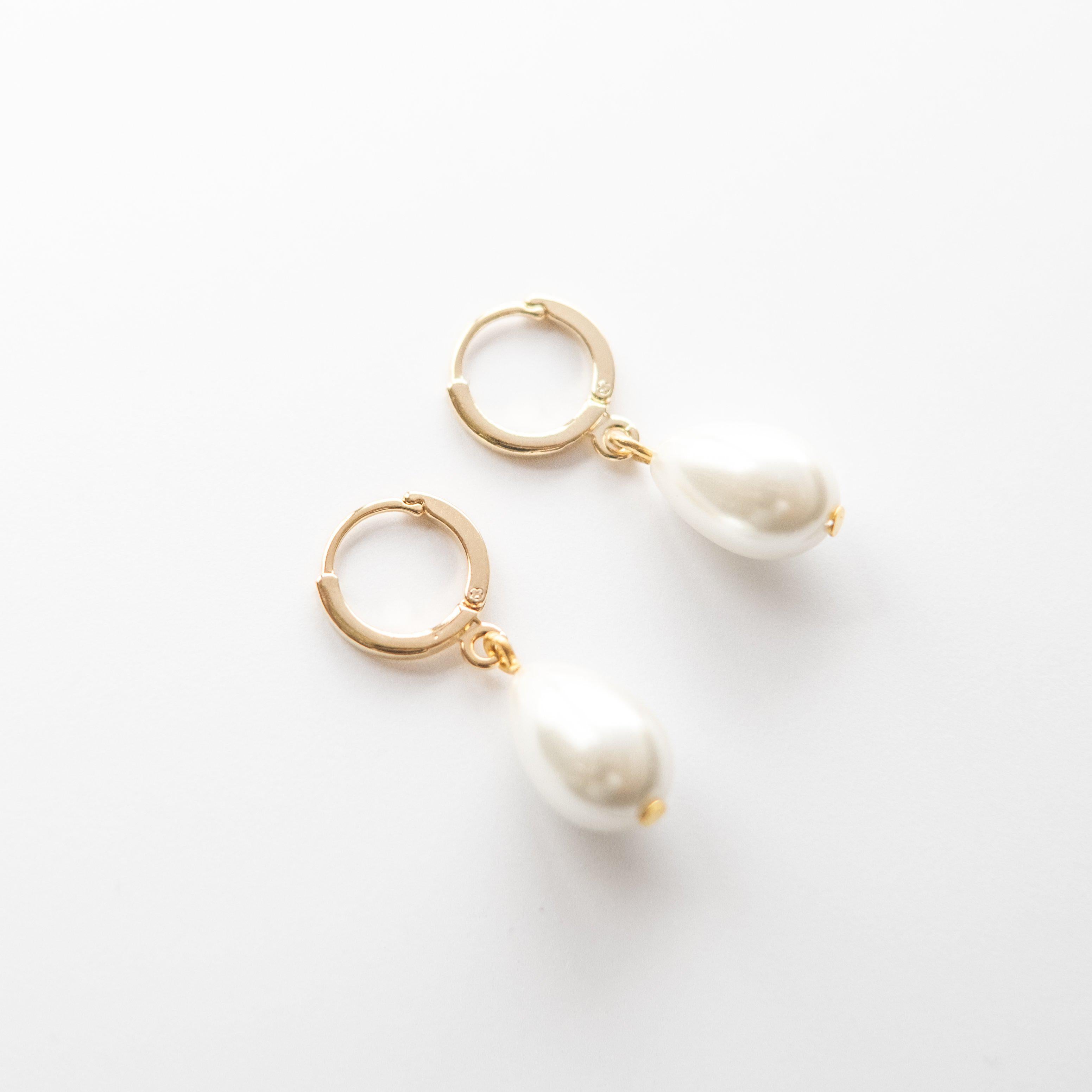 Gold Pearl Huggie Hoop Earrings