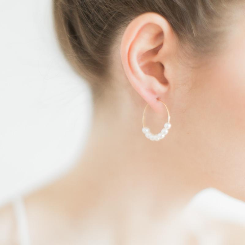 Gold Circle Hoop Earrings with White Pearls