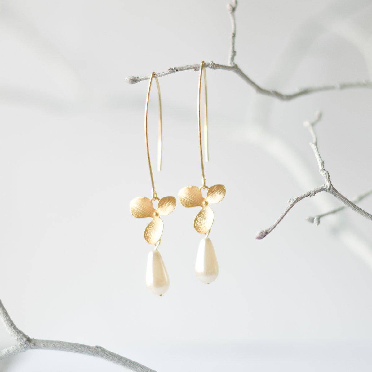 Gold Orchid Flower Earrings with Pearls