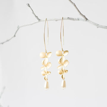 Gold Orchid Flower Earrings with Pearls