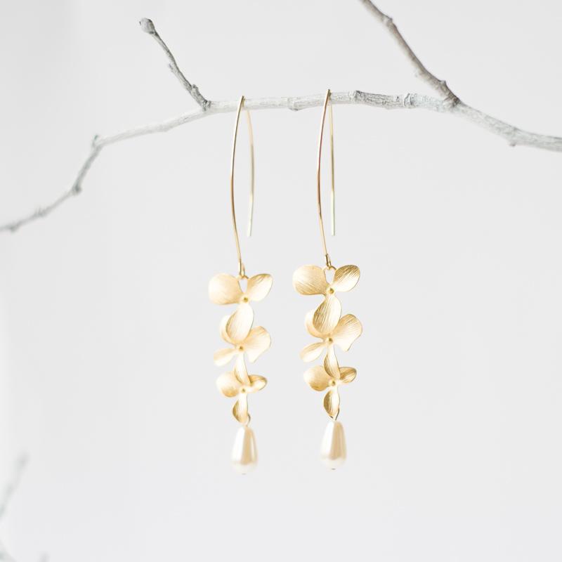 Gold Orchid Flower Earrings with Pearls