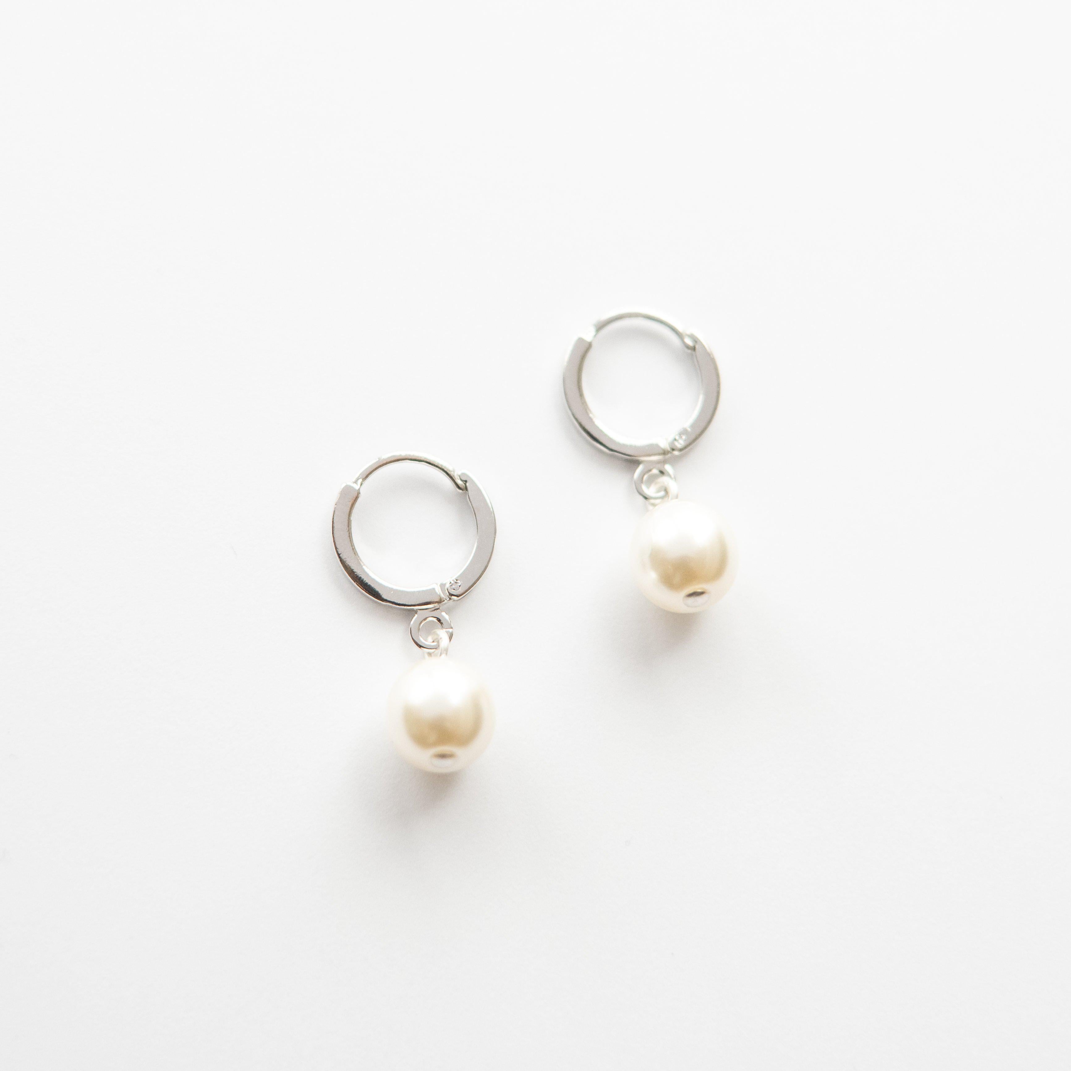 Silver Pearl Huggie Hoop Earrings