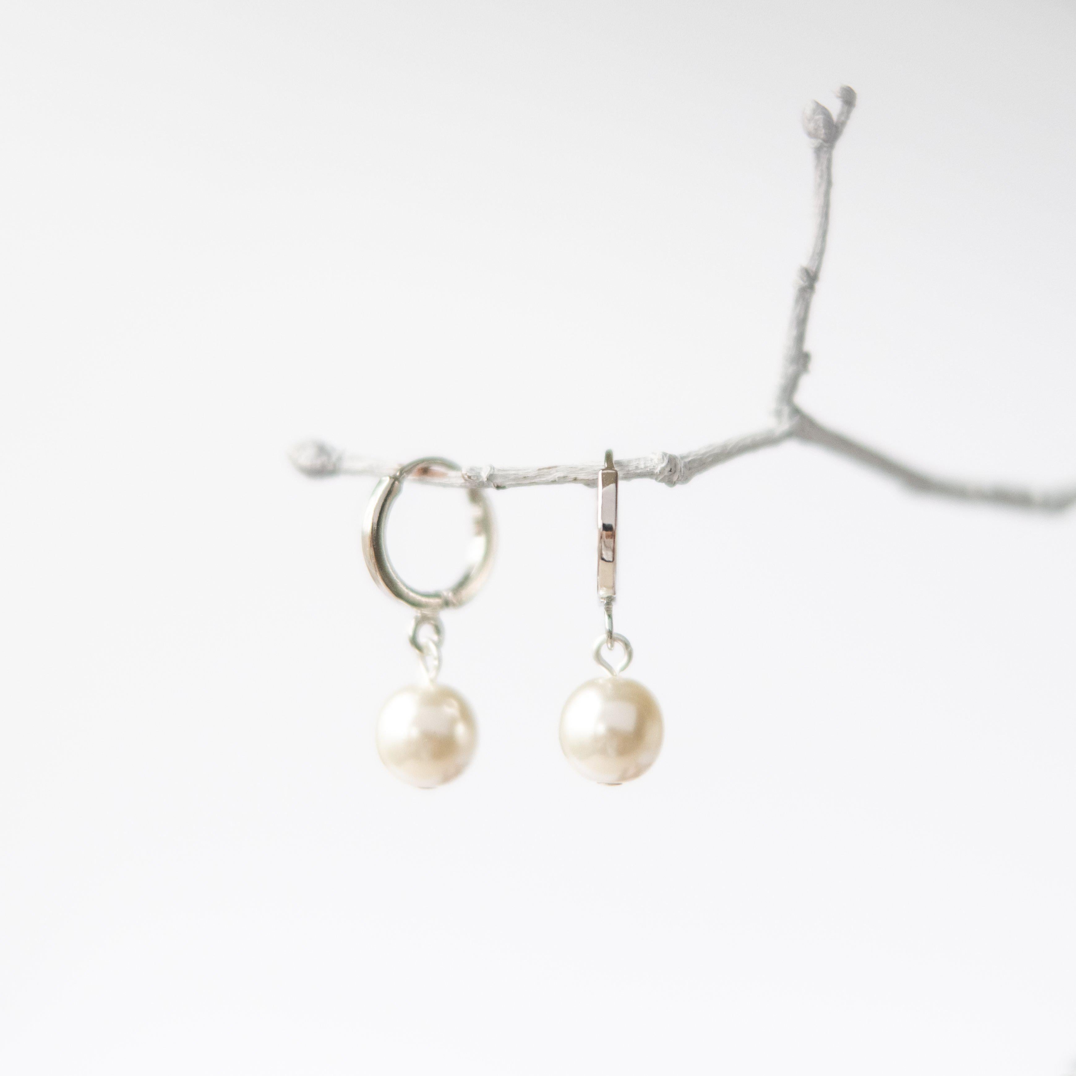 Silver Pearl Huggie Hoop Earrings