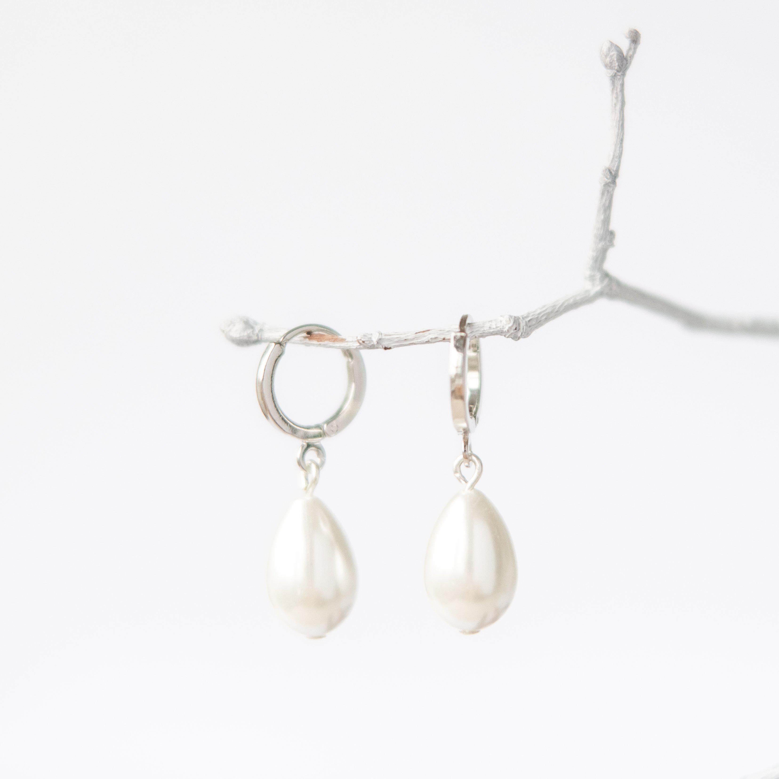 Silver Pearl Huggie Hoop Earrings