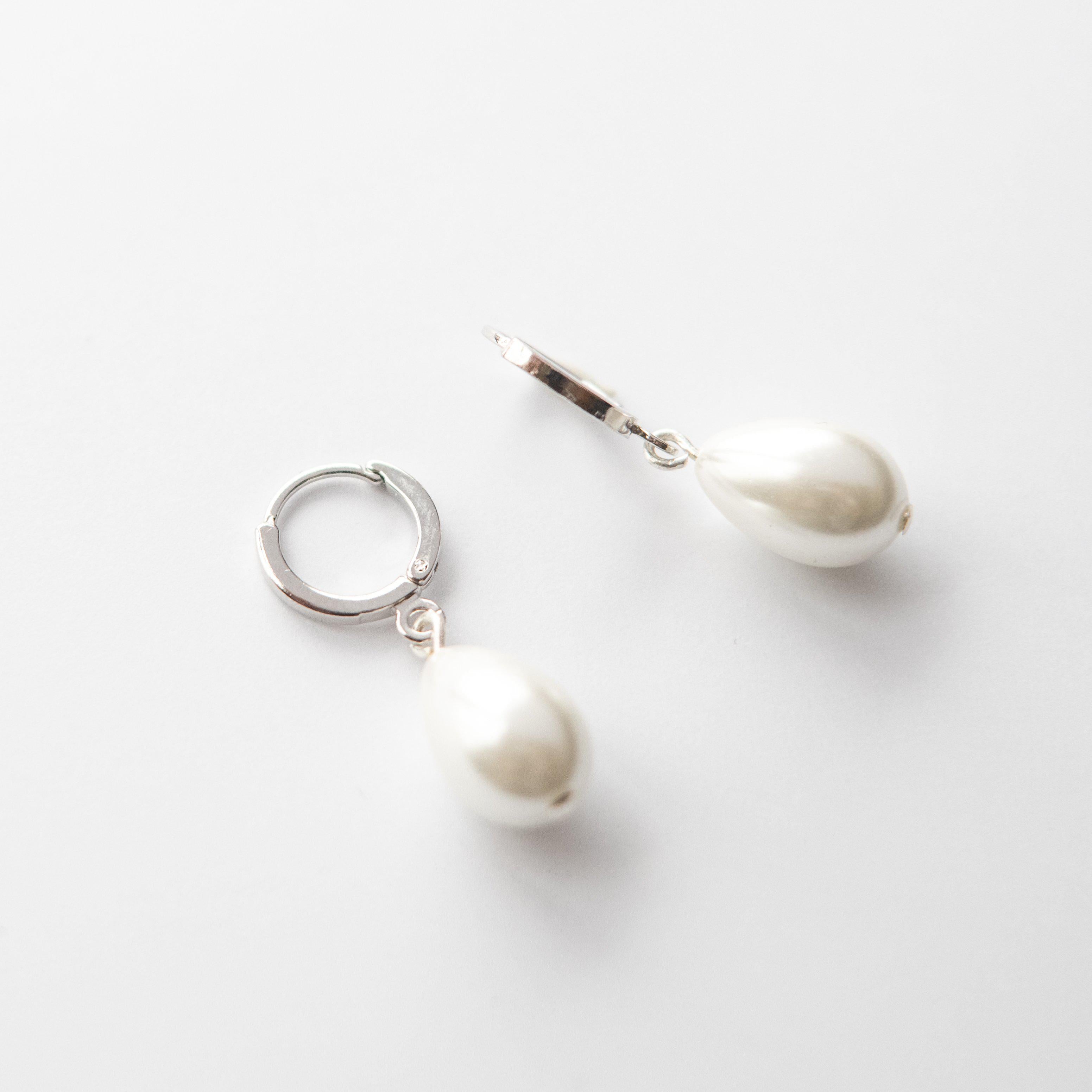 Silver Pearl Huggie Hoop Earrings