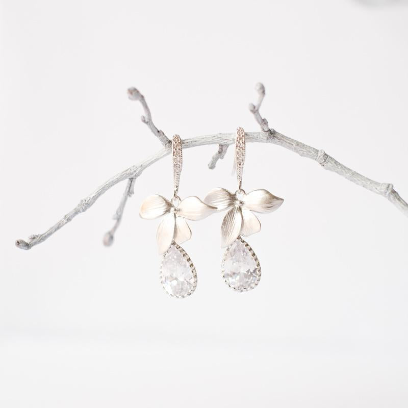 Silver Crystal Flower Earrings