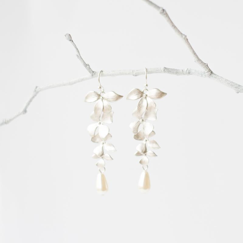 Silver Orchid Flower Earrings