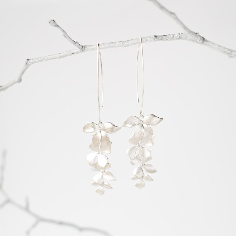 Silver Orchid Flower Earrings