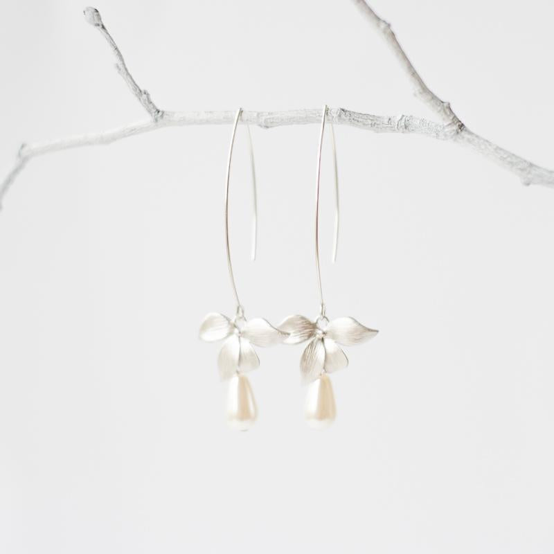 Silver Orchid Flower Earrings with Pearls